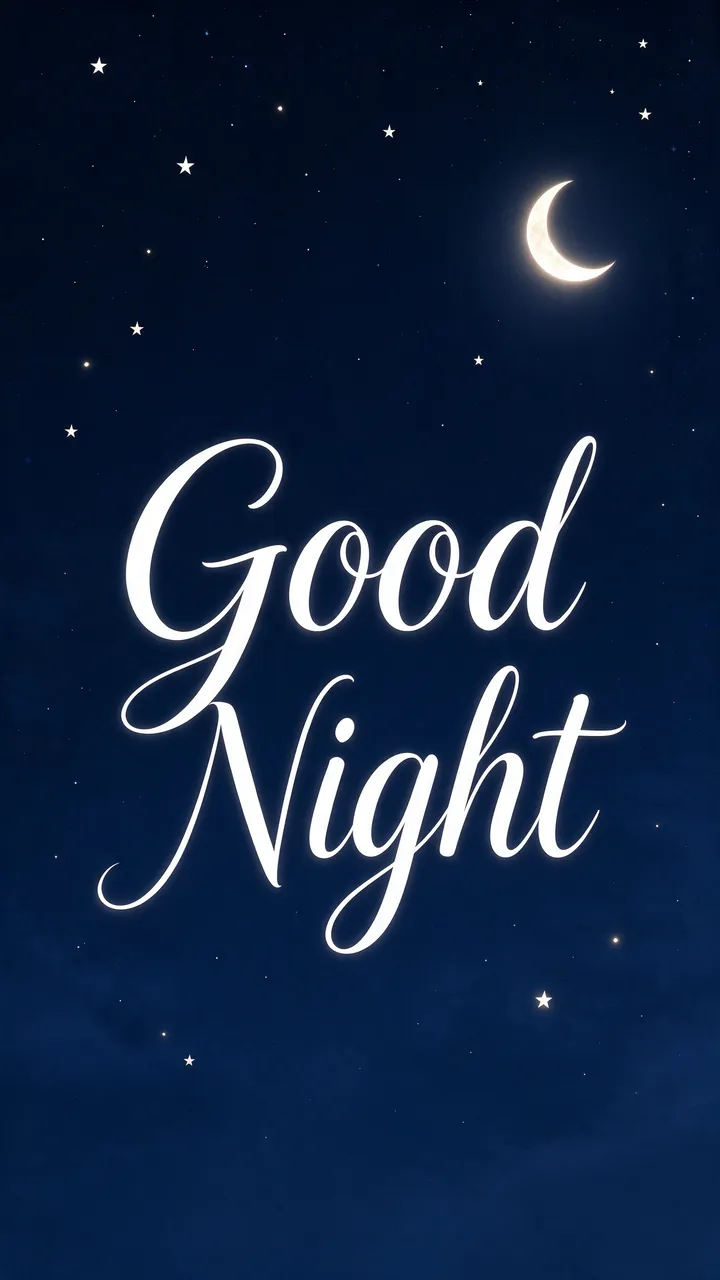 Glowing white cursive "Good Night" text over a deep navy starry sky with a bright crescent moon.
