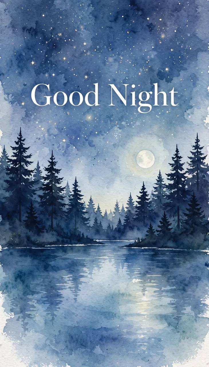 Watercolor night landscape of a moonlit starry lake with pine silhouettes and elegant text that reads "Good Night"