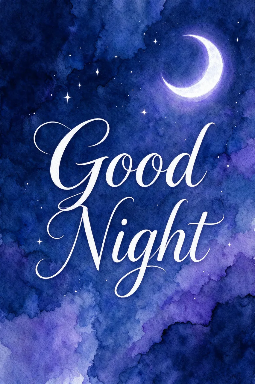 "Good Night" flowing white script over an indigo violet watercolor night sky with a glowing crescent moon