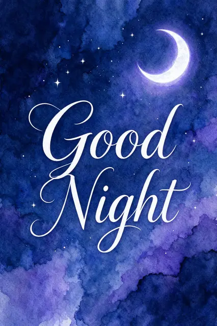 "Good Night" flowing white script over an indigo violet watercolor night sky with a glowing crescent moon