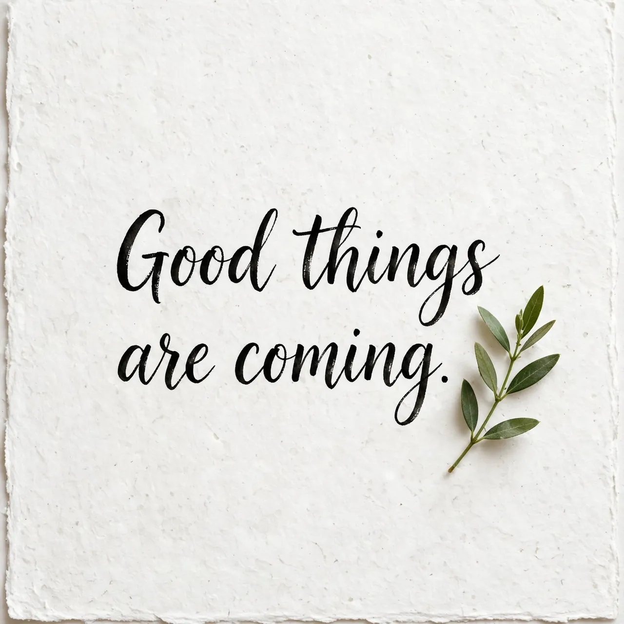"Good things are coming." black brush lettering on textured white paper with a small green leaf sprig