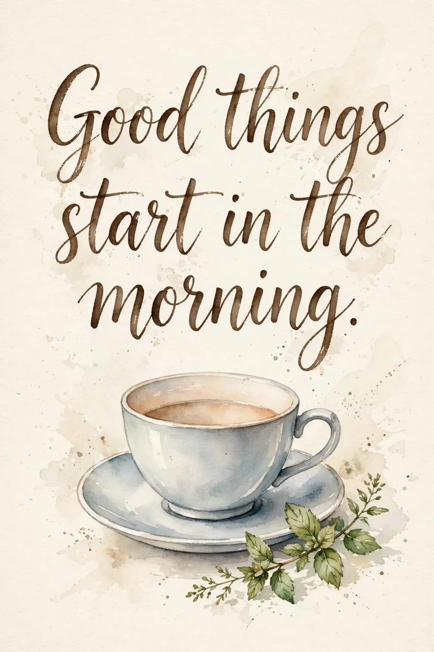 "Good things start in the morning." in brown brush script above a watercolor teacup, saucer and mint sprig on cream paper