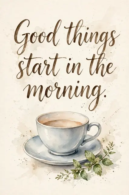 "Good things start in the morning." in brown brush script above a watercolor teacup, saucer and mint sprig on cream paper