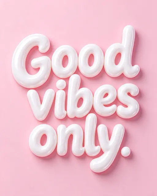 Glossy white 3D bubble lettering spelling "Good vibes only." on a soft pastel pink background