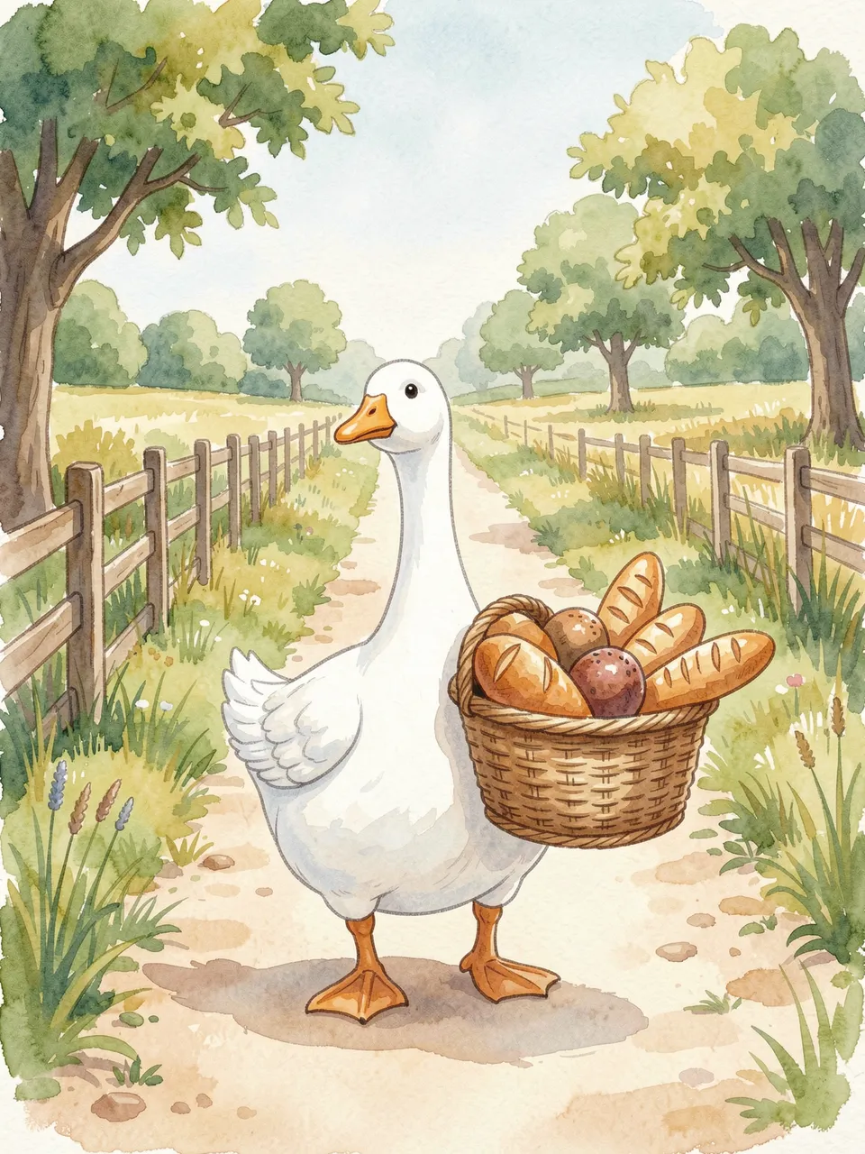 A watercolor illustration of a white goose holding a wicker basket of bread on a rural country lane