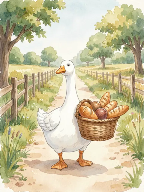 A watercolor illustration of a white goose holding a wicker basket of bread on a rural country lane