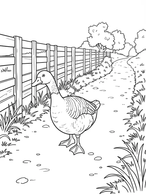 Black and white line art of a goose waddling on a dirt lane next to a wooden fence