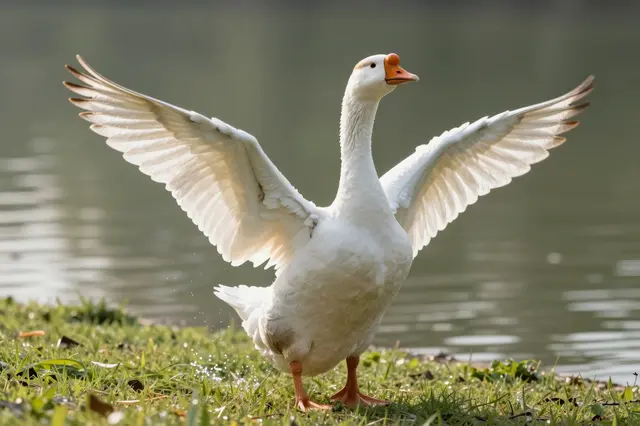 A white domestic goose stands on a grassy pond bank with its wings fully spread in warm morning light.