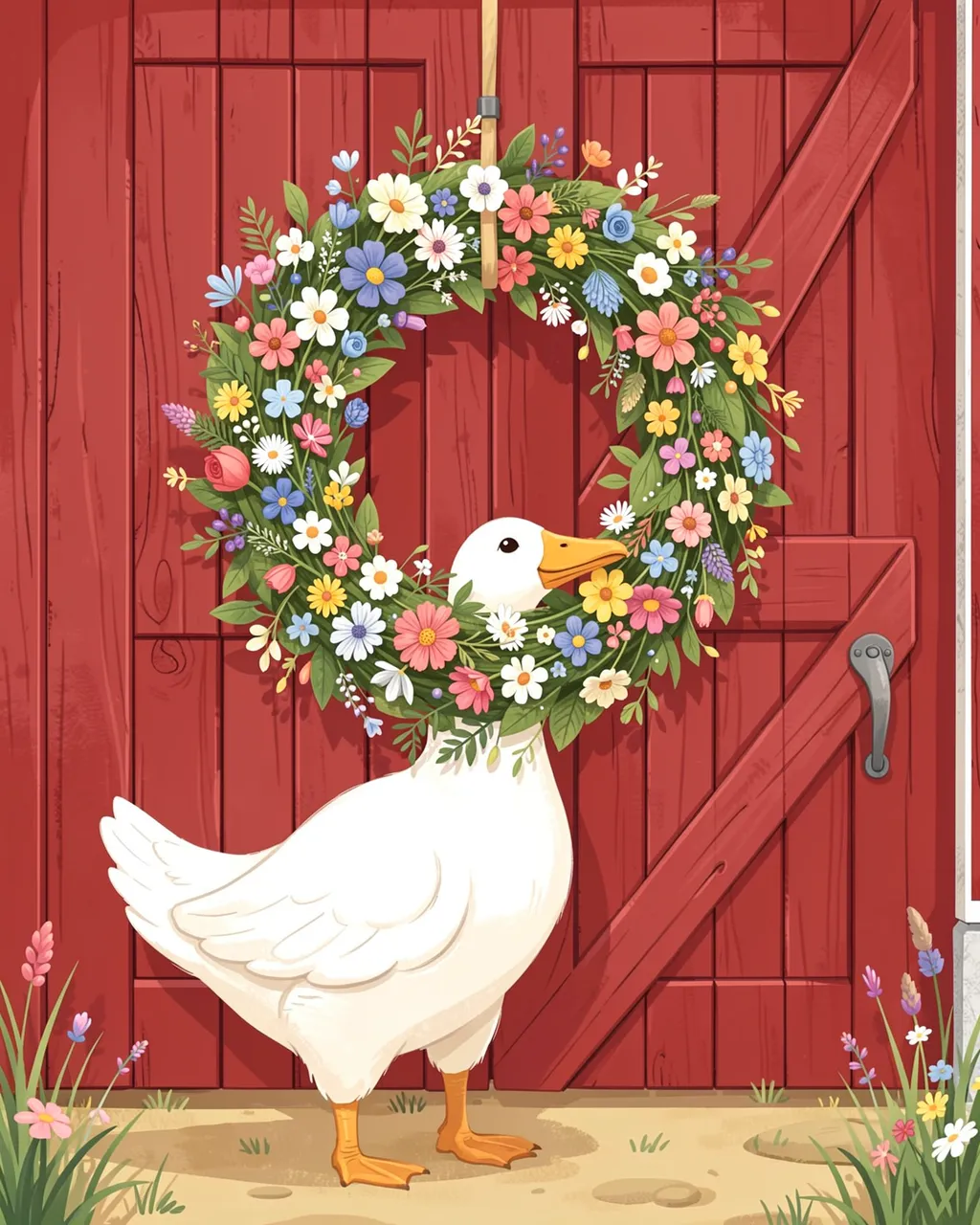 A white goose stands holding a wildflower wreath against a red wooden barn door