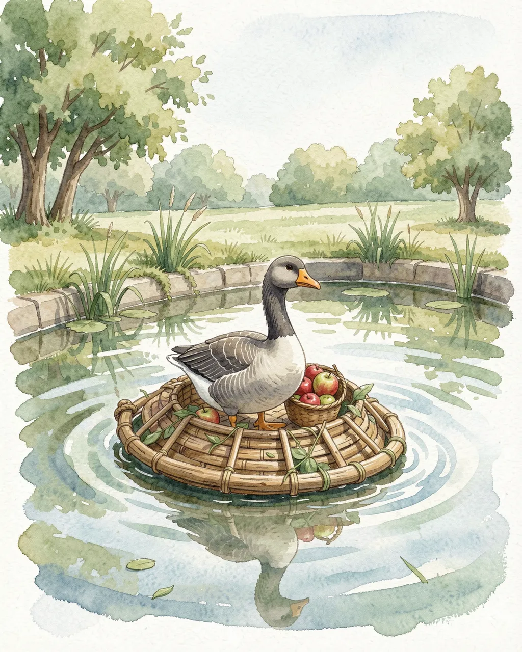 Watercolor illustration of a gray goose standing on a round wicker coracle with a basket of apples floating on a millpond