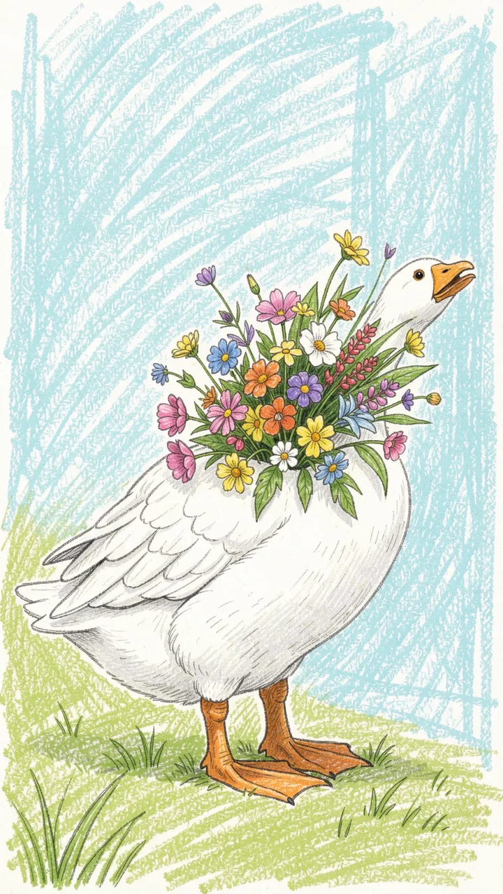 Crayon illustration of a white goose standing on grass with a bright wildflower bouquet tucked against its body