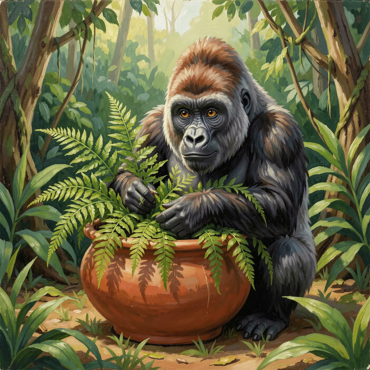 A painted gorilla sits in a jungle clearing arranging fresh ferns in a large terracotta clay pot