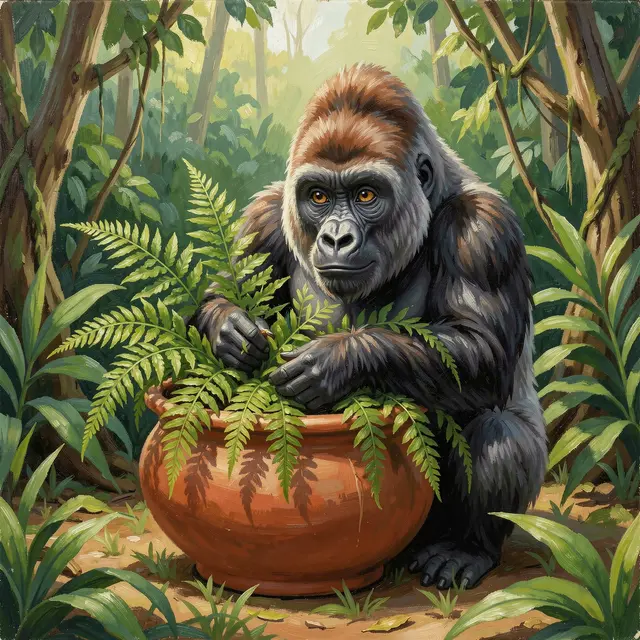 A painted gorilla sits in a jungle clearing arranging fresh ferns in a large terracotta clay pot