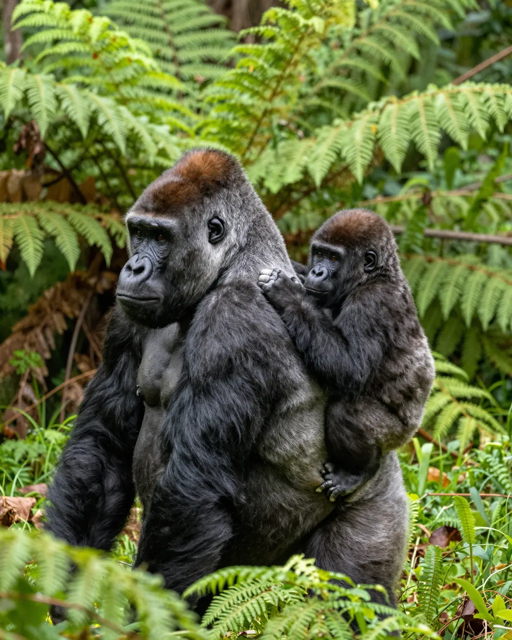 An adult gorilla carries an infant gorilla on its back amid lush green ferns