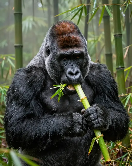 A silverback gorilla holds and chews a green stalk in a foggy bamboo forest with damp fur
