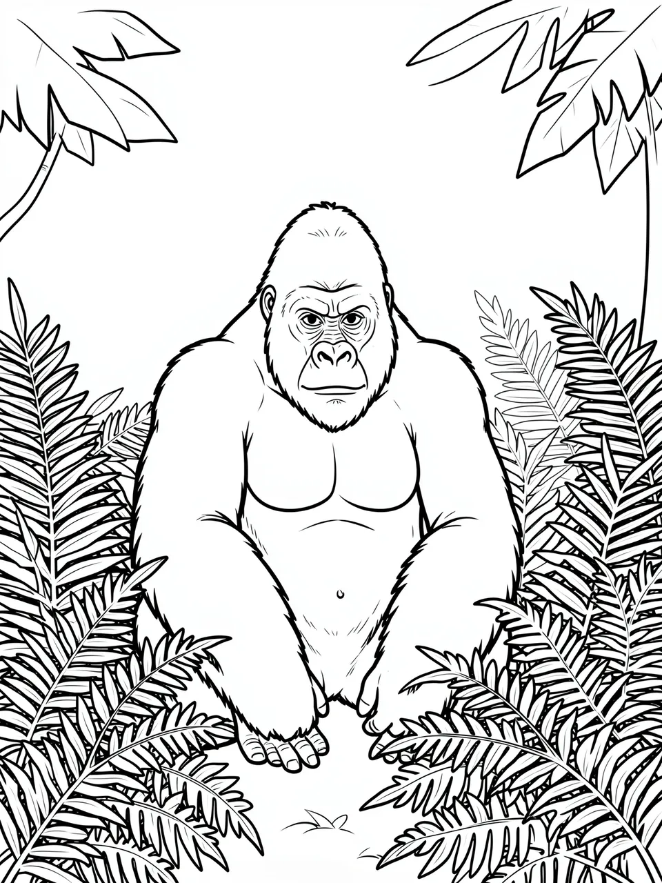 Bold black line art of a seated gorilla surrounded by jungle ferns on a plain white background
