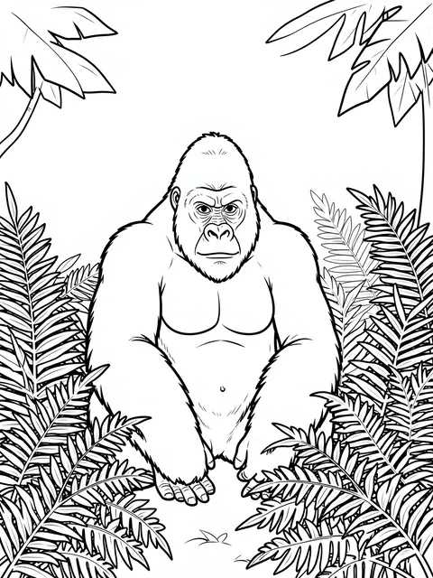 Bold black line art of a seated gorilla surrounded by jungle ferns on a plain white background