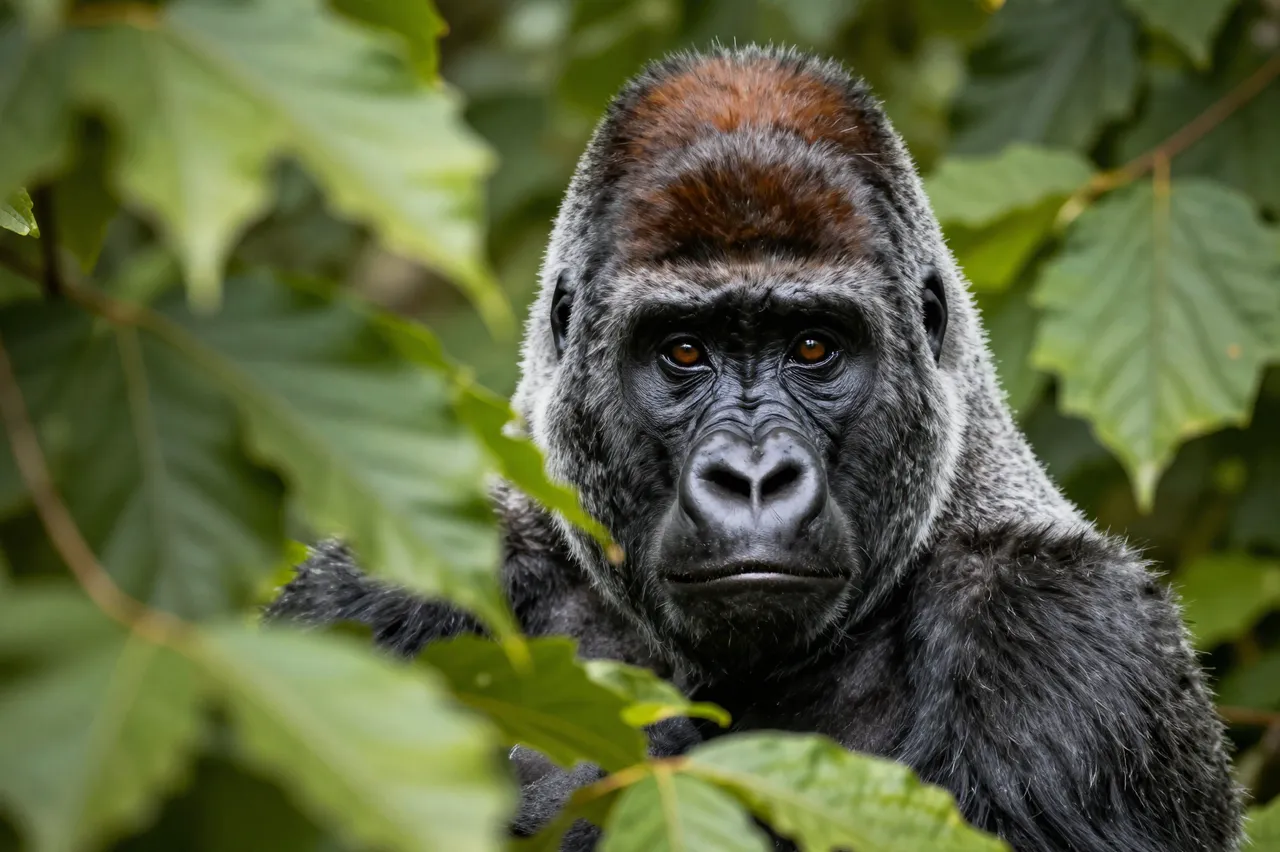 A silverback gorilla looks directly at the viewer from behind dense green forest leaves.