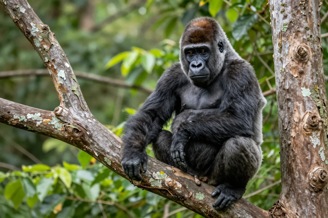 A young gorilla sits in a tree fork looking down toward the camera against lush green forest foliage.