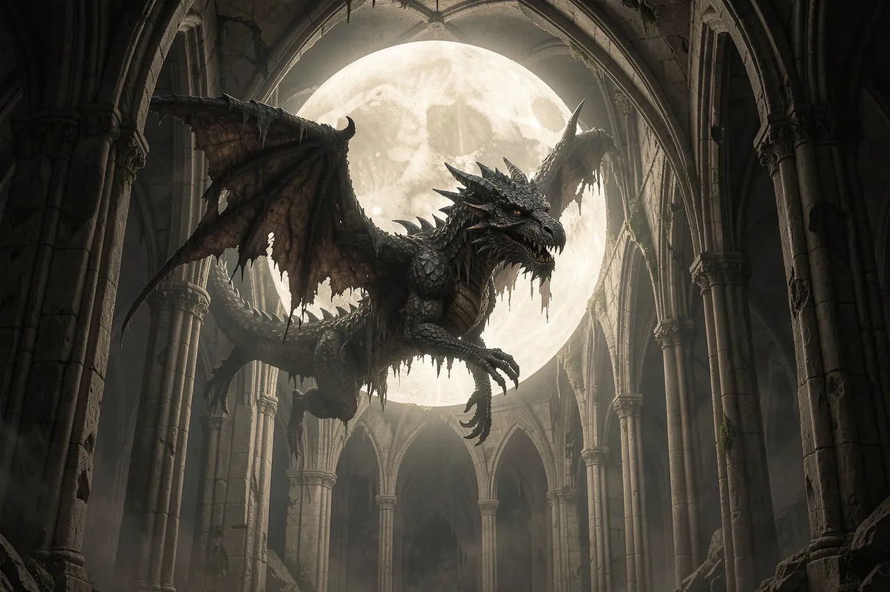 A tattered dark dragon hovers in a decaying Gothic cavern framed by a massive glowing full moon