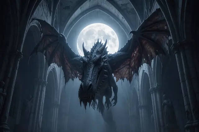A giant tattered dark dragon hovers in a decaying Gothic cavern with a glowing full moon behind it