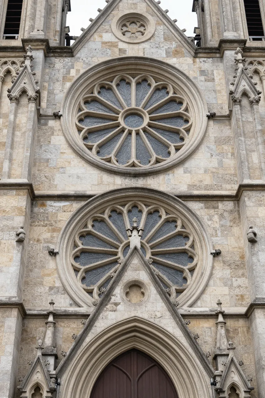 Low angle view of an ornate gothic stone church facade with stacked rose windows and carved details