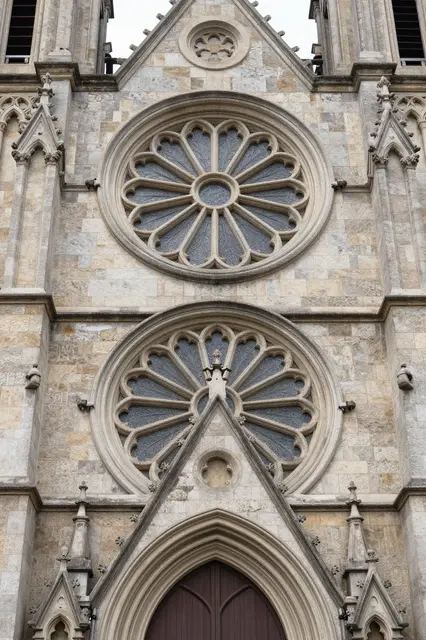 Low angle view of an ornate gothic stone church facade with stacked rose windows and carved details