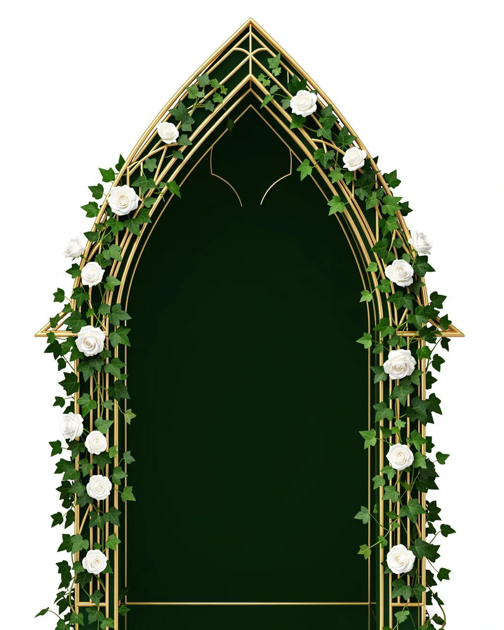 Thin gold pointed gothic arch draped with climbing ivy and white roses framing a dark green empty interior