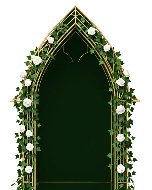 Thin gold pointed gothic arch draped with climbing ivy and white roses framing a dark green empty interior