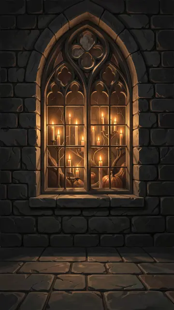 Lit arched gothic window with candles and pumpkins set in a dark stone wall above empty stone floor space