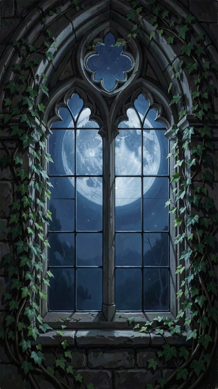 A pointed gothic stone window framed by ivy, with a large cold blue full moon glowing outside at night