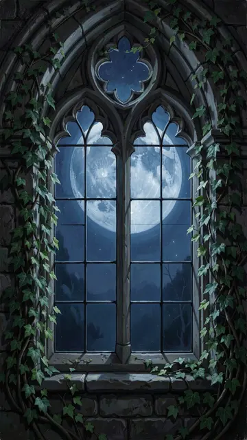 A pointed gothic stone window framed by ivy, with a large cold blue full moon glowing outside at night