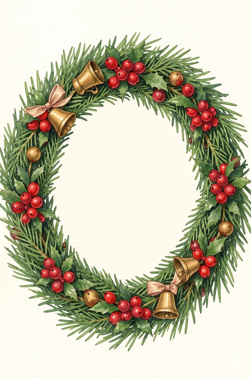 A hand-painted gouache Christmas wreath with cedar, holly berries, and brass bells around a blank ivory center.