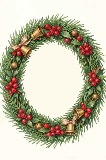 A hand-painted gouache Christmas wreath with cedar, holly berries, and brass bells around a blank ivory center.