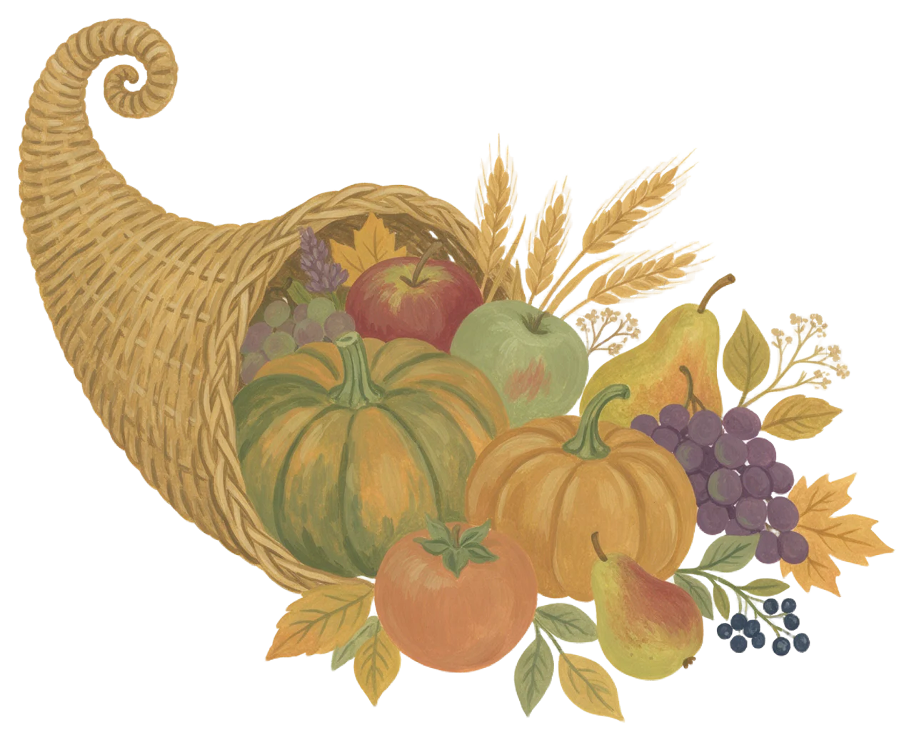 Woven wicker cornucopia spilling pumpkins, fruit, wheat and autumn leaves in gouache style