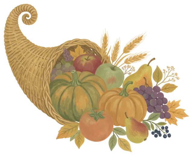 Woven wicker cornucopia spilling pumpkins, fruit, wheat and autumn leaves in gouache style