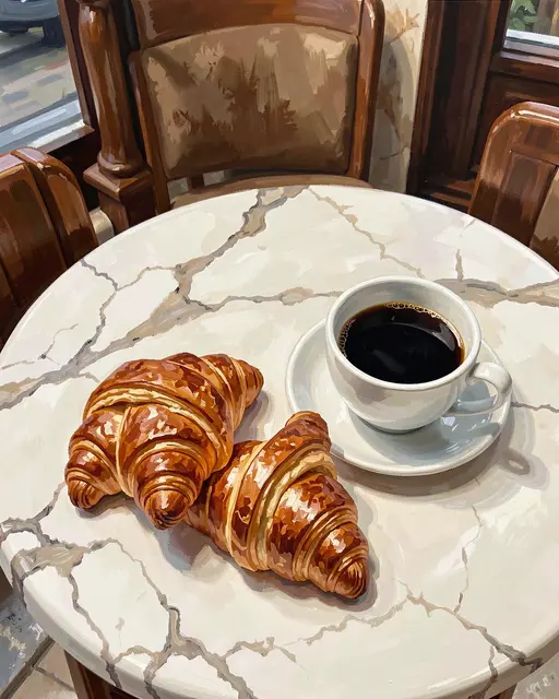 Two golden croissants and a cup of black coffee rest on a round marble cafe table