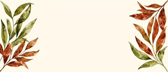 Watercolor style olive and rust leaf clusters sit at left and right edges of a wide empty cream banner