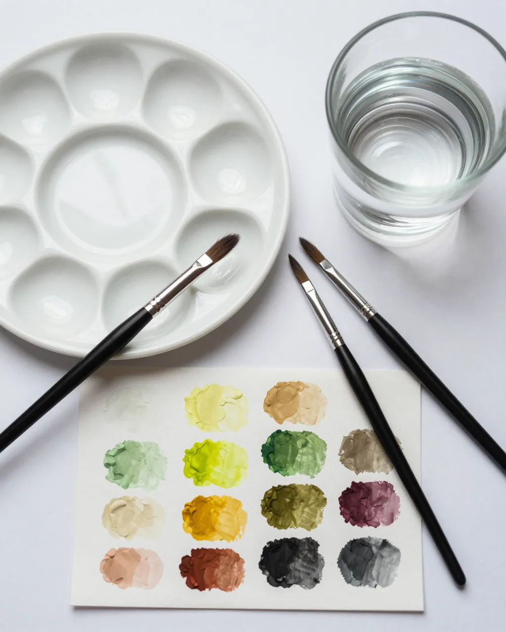 Top-down flat lay of art supplies including palette, brushes, water glass and painted color swatches on a white surface