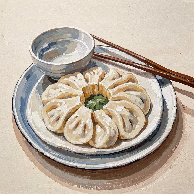 Textured gouache painting of a plate of dumplings, dipping bowl and wooden chopsticks on a neutral background