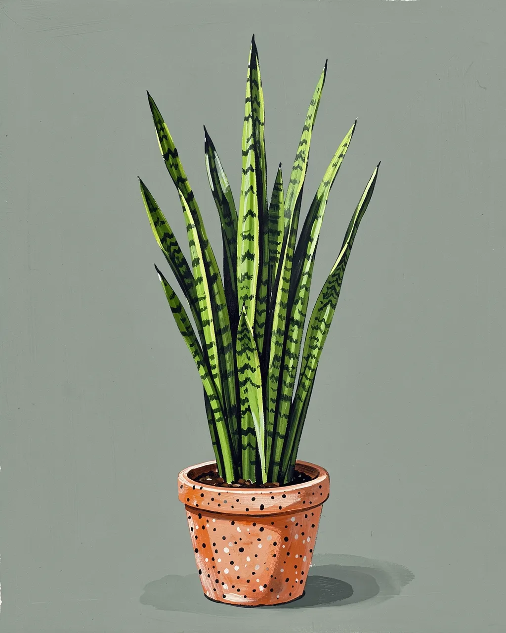 A gouache painting of a tall snake plant in a speckled terracotta pot against a sage green backdrop
