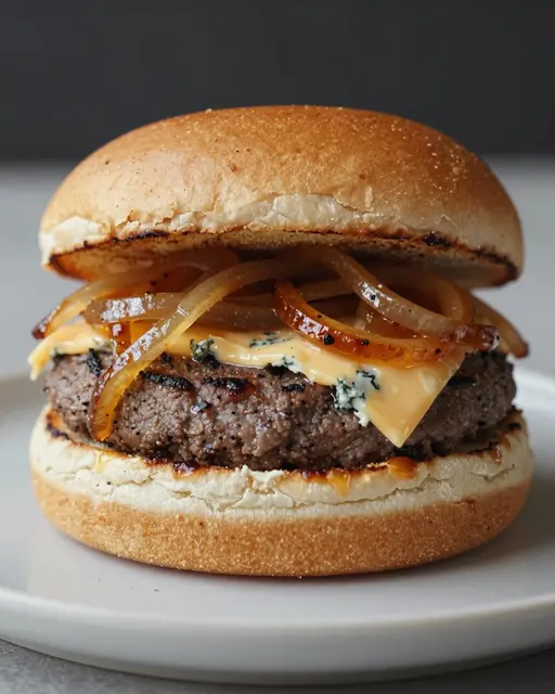 A close-up of a gourmet burger with caramelized onions and blue cheese on a white plate