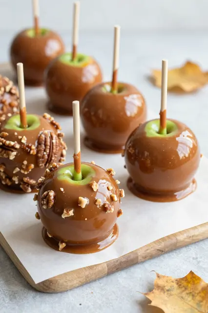 Glossy caramel apples with pecans on parchment arranged with fall maple leaves in soft light