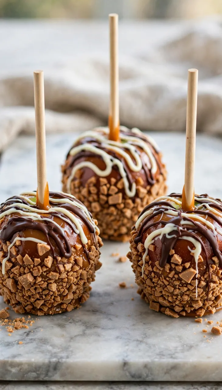 Three decorated caramel apples with chocolate drizzle and toffee crumbs rest on a marble slab