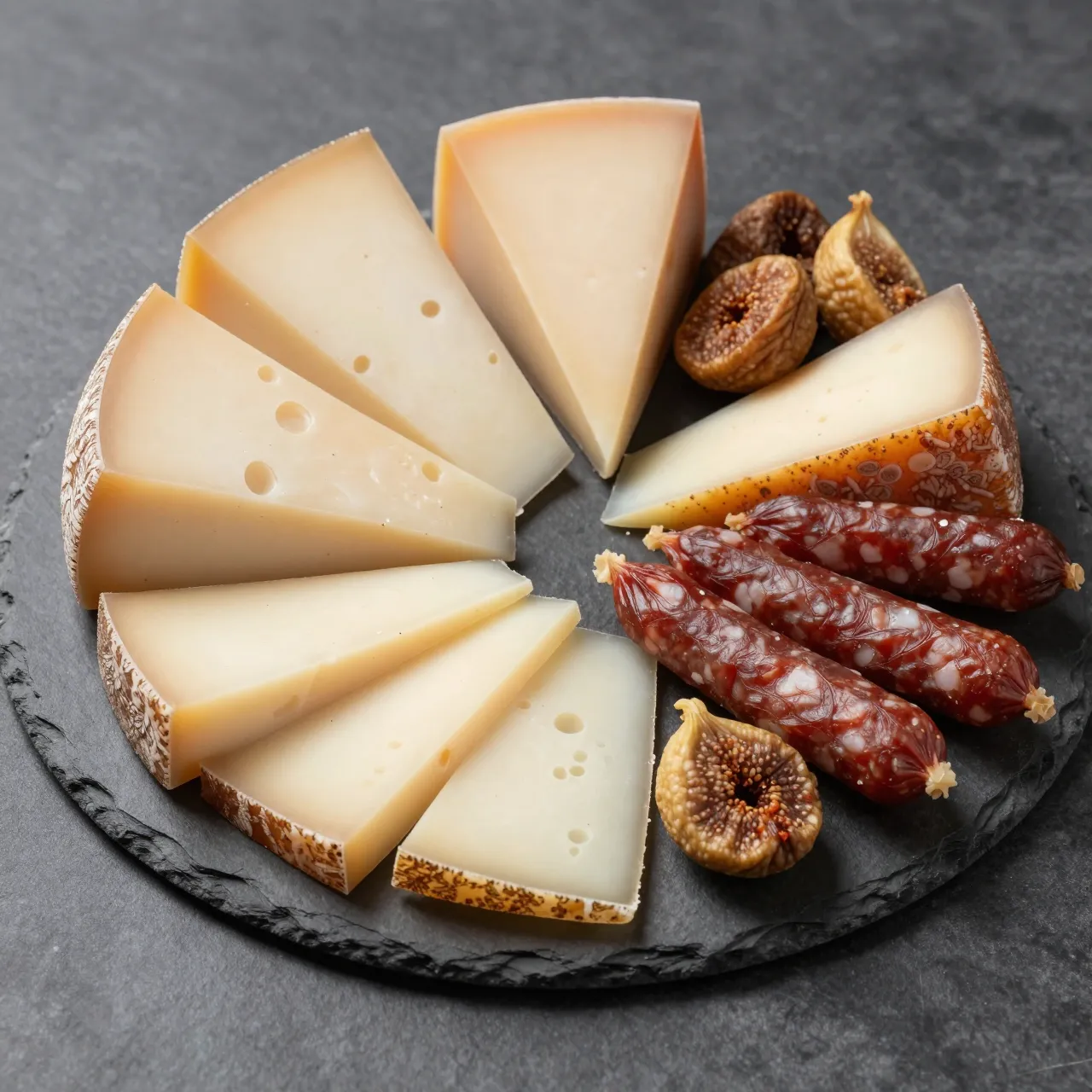 Top view of assorted cheeses, cured sausage and dried figs arranged on a dark slate platter