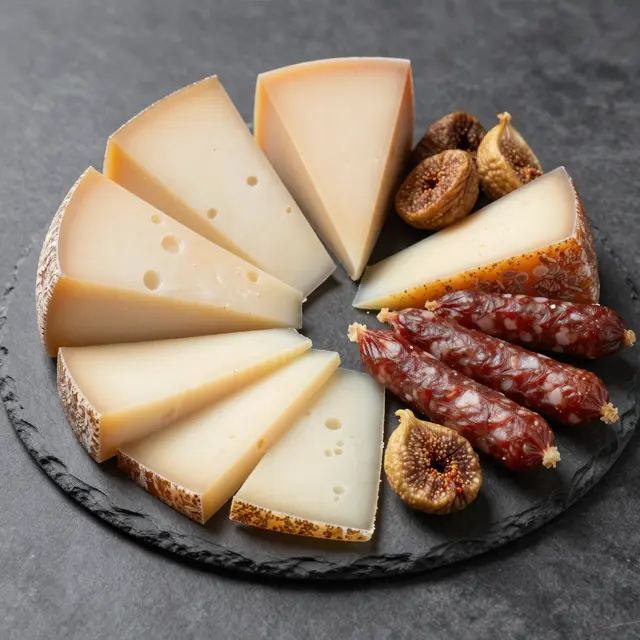 Top view of assorted cheeses, cured sausage and dried figs arranged on a dark slate platter