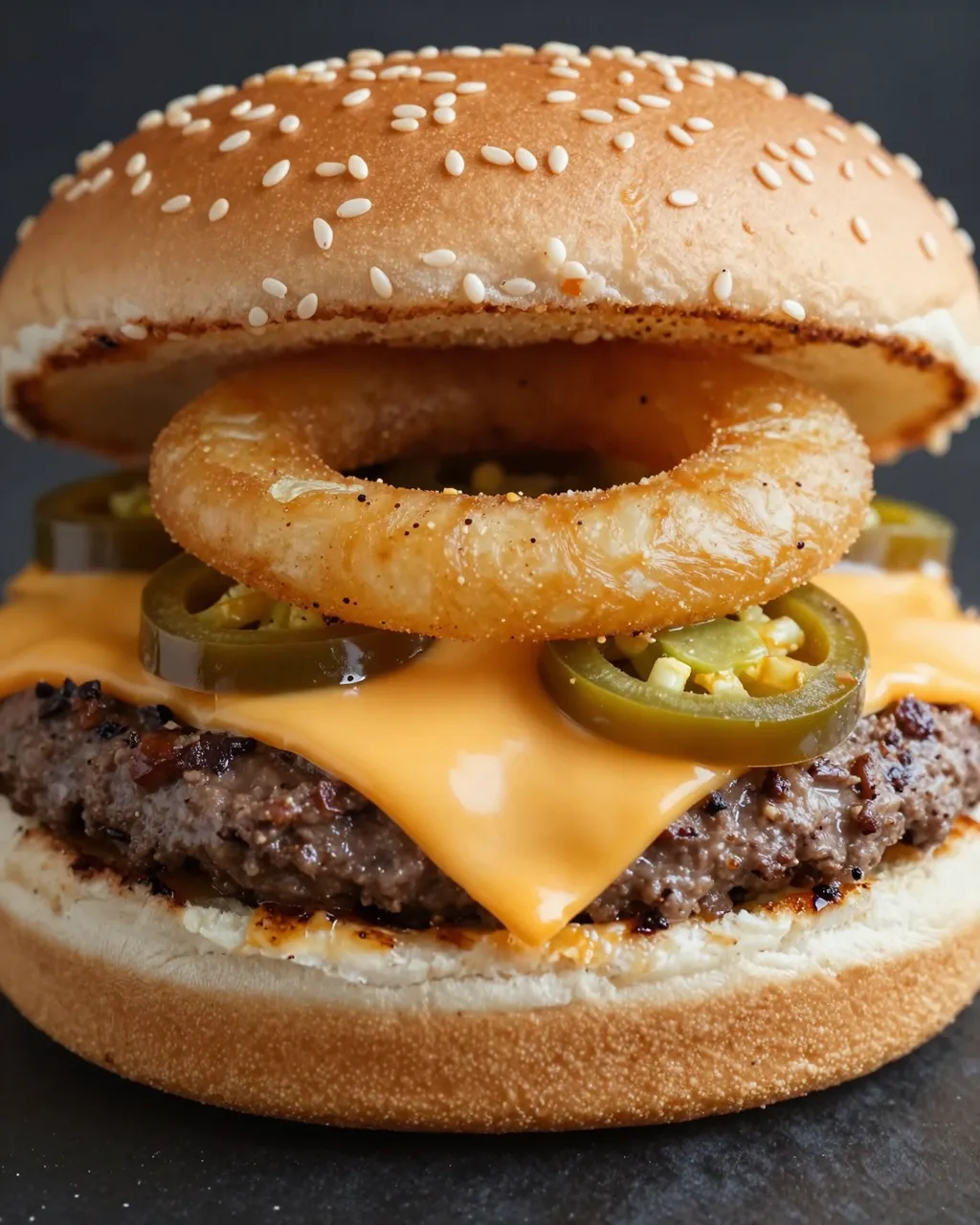 Close-up of a sesame seed bun burger topped with melted cheese, a thick onion ring, and pickled jalapeno slices.