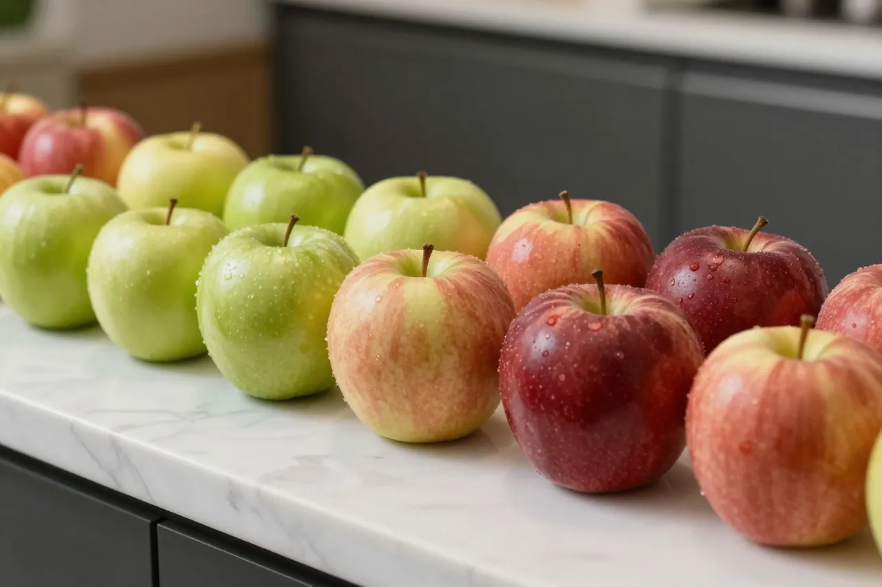 A linear row of apple varieties shifting from bright green to deep red rests on a white marble kitchen counter with soft