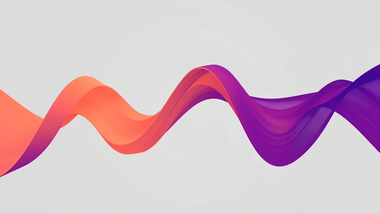 An undulating flowing gradient ribbon shifting from coral orange to deep violet across a pale gray background
