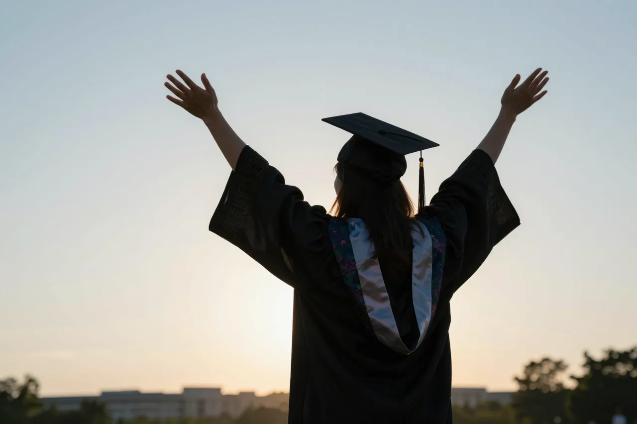 Back view of a graduate in cap and gown raising both arms toward a soft sunrise sky